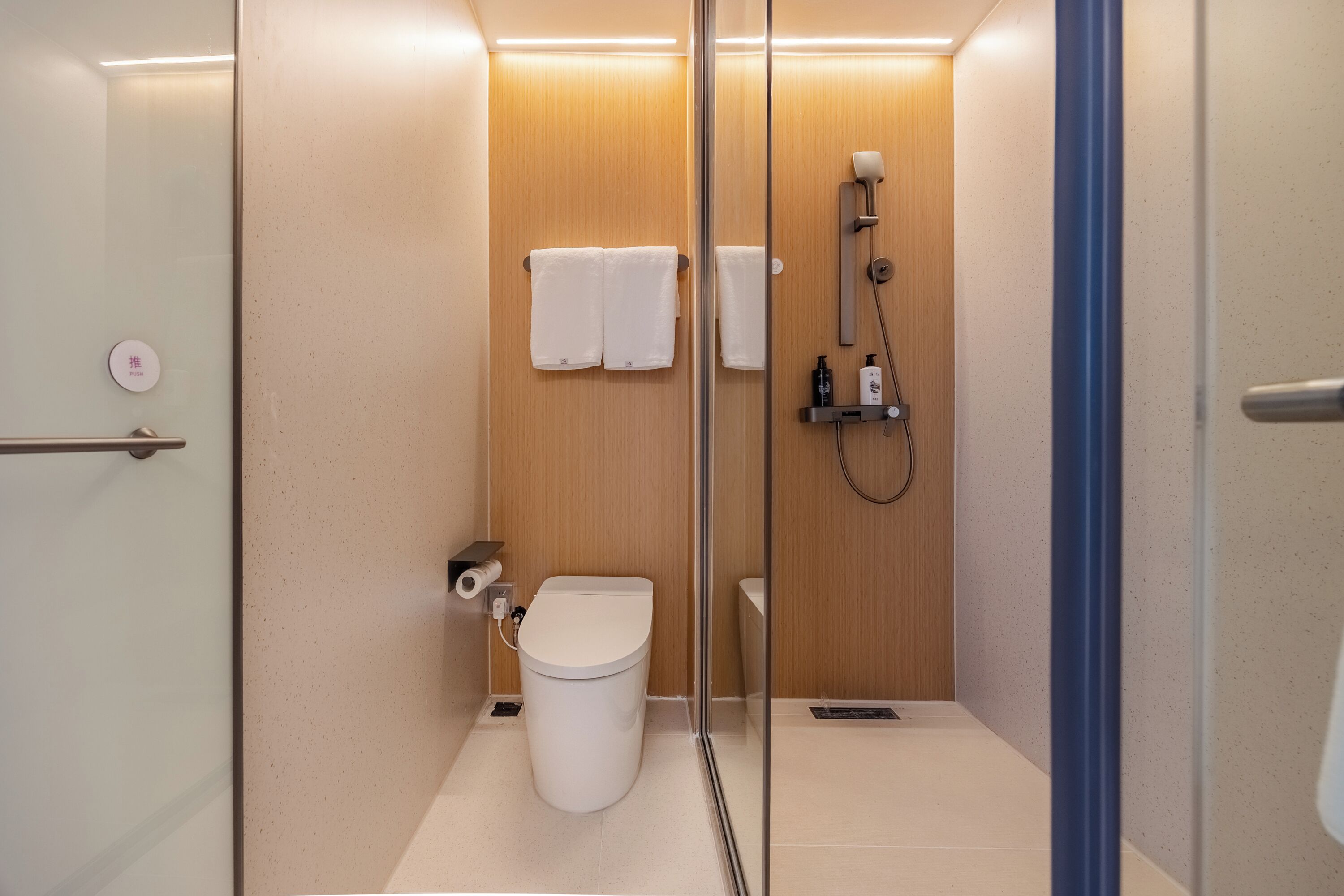 A modern bathroom with a glass shower enclosure, a toilet, and a towel rack.