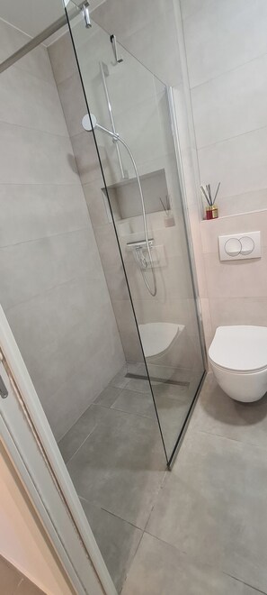 Shower, hair dryer, towels, soap