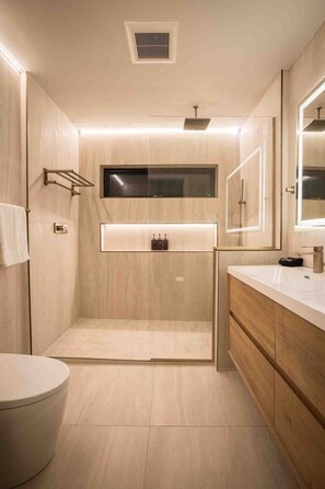 Shower, hair dryer, bidet, towels