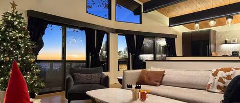 Smart TV, fireplace, books, computer monitors