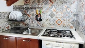 A kitchen with a sink, stove, and washing machine.