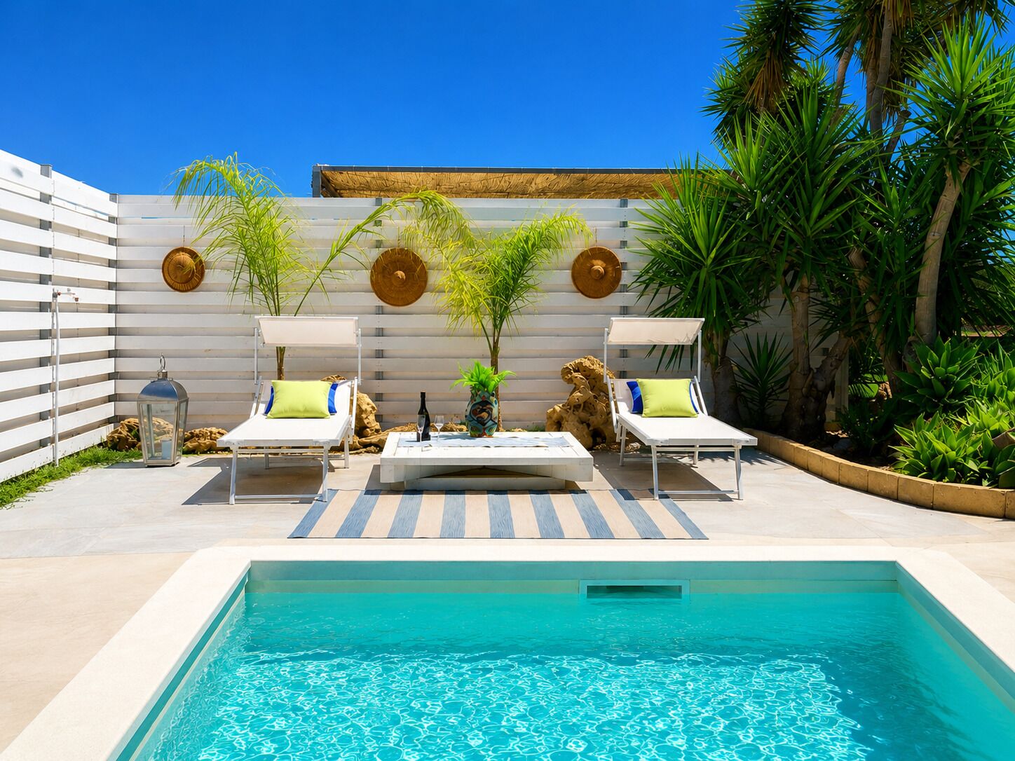 Area piscina con due lettini, un tavolo e un muro decorativo con elementi circolari.