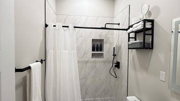 Hair dryer, towels, soap, toilet paper