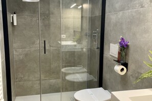 Shower, bidet, towels, shampoo