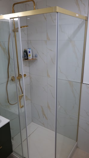 Dusche, Haartrockner, Handtücher, Seife