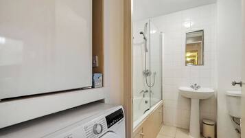 Hair dryer, towels, soap, shampoo