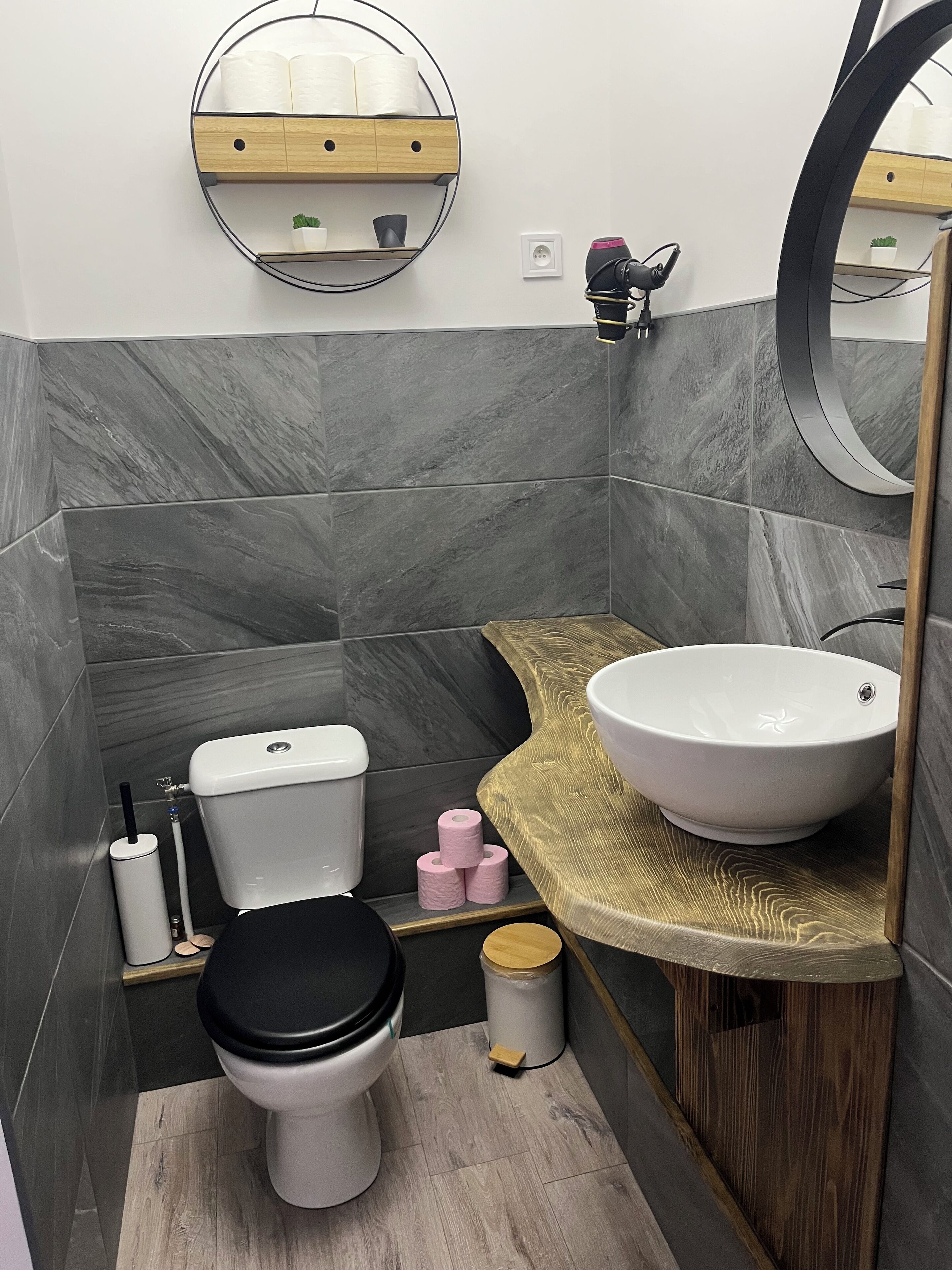 Hair dryer, towels, soap, toilet paper