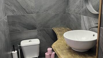 Hair dryer, towels, soap, toilet paper