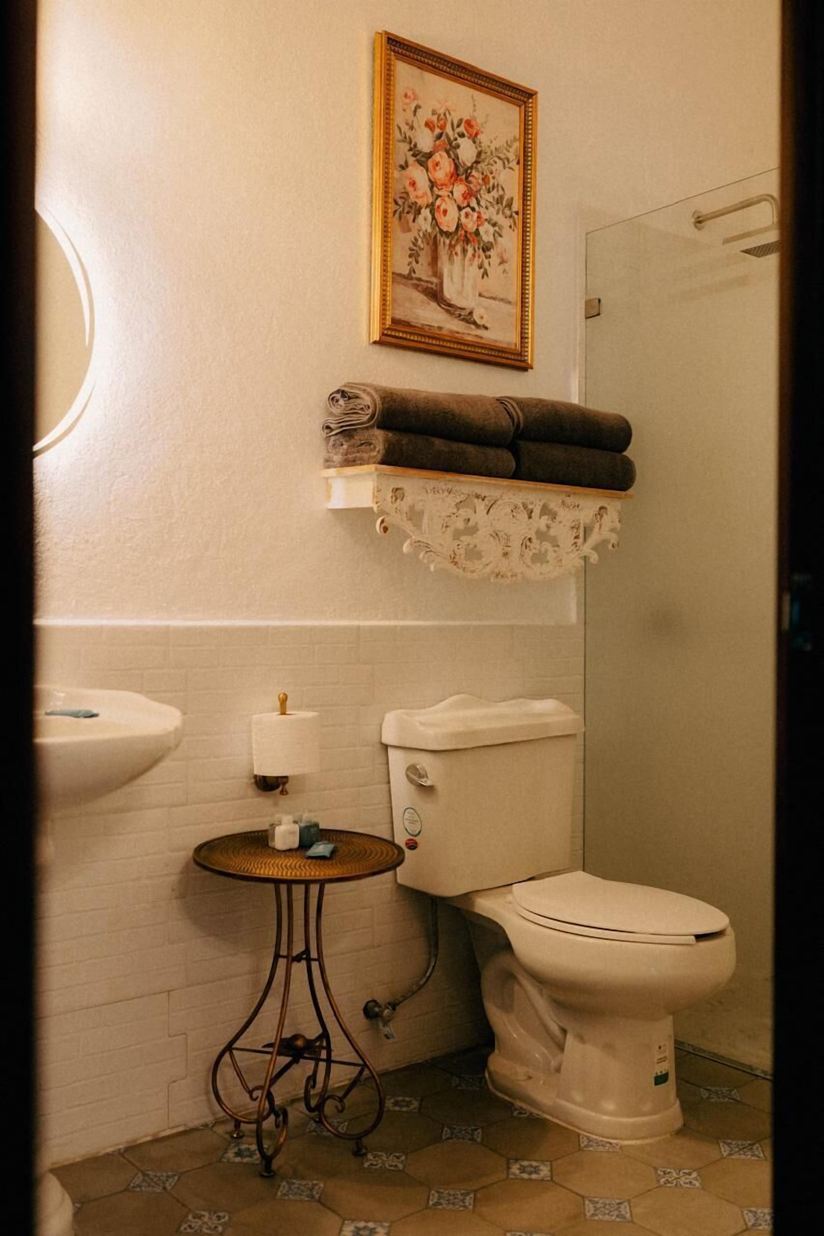 Regadera, toallas, jabón, shampoo 