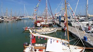 Een jachthaven met diverse boten afgemeerd, met verschillende vlaggen en masten.