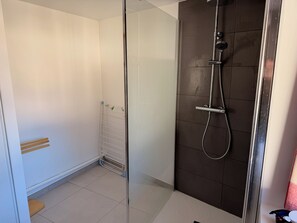 Regadera, secadora de cabello, papel de baño 