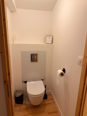 Regadera, secadora de cabello, papel de baño 