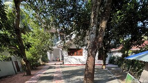 Un sendero pavimentado con árboles y un edificio al fondo.