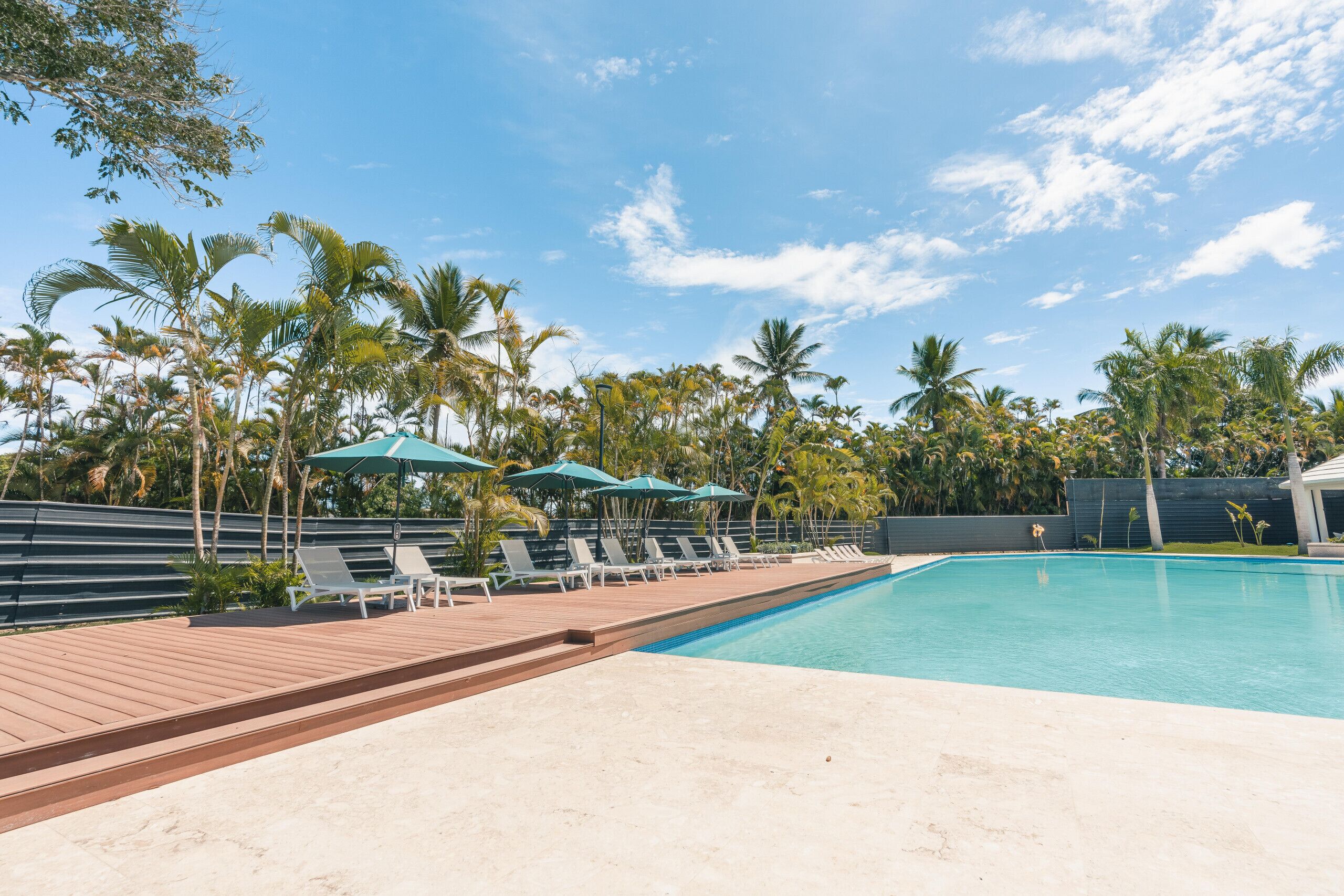 A swimming pool with lounge chairs and umbrellas, surrounded by palm trees.