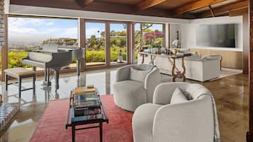 Smart TV, chimenea, libros y biblioteca musical