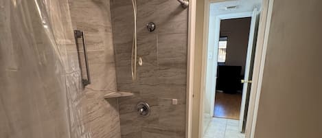 Shower, towels, toilet paper
