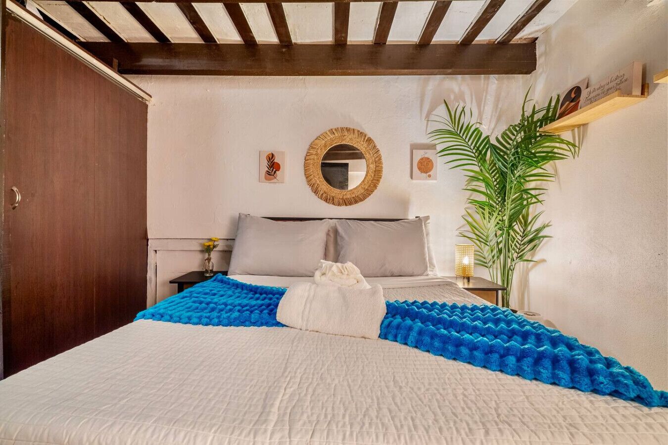 Un dormitorio con una cama, una mesita de noche, un espejo, una planta en maceta y una puerta de madera.