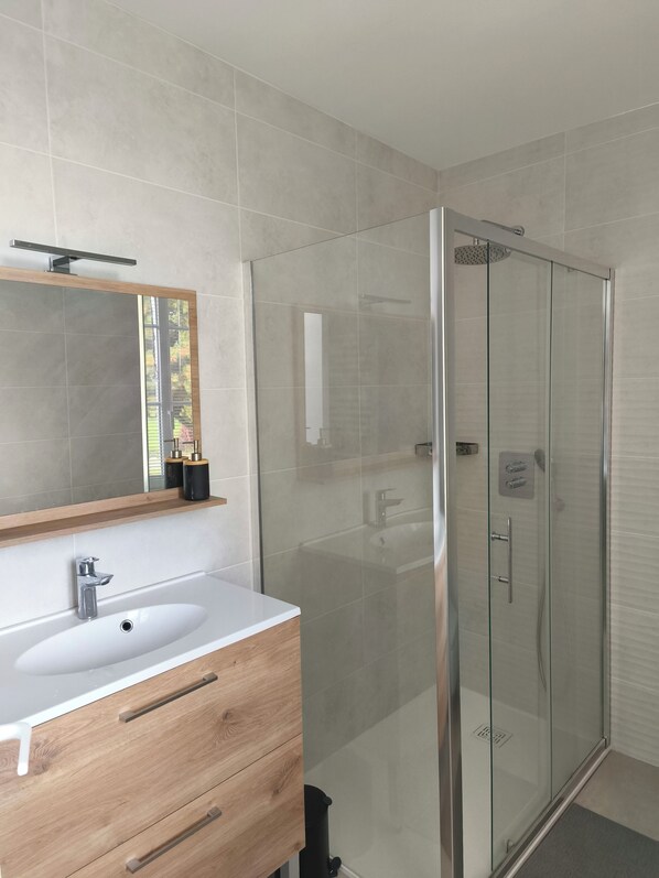 Shower, hair dryer, towels