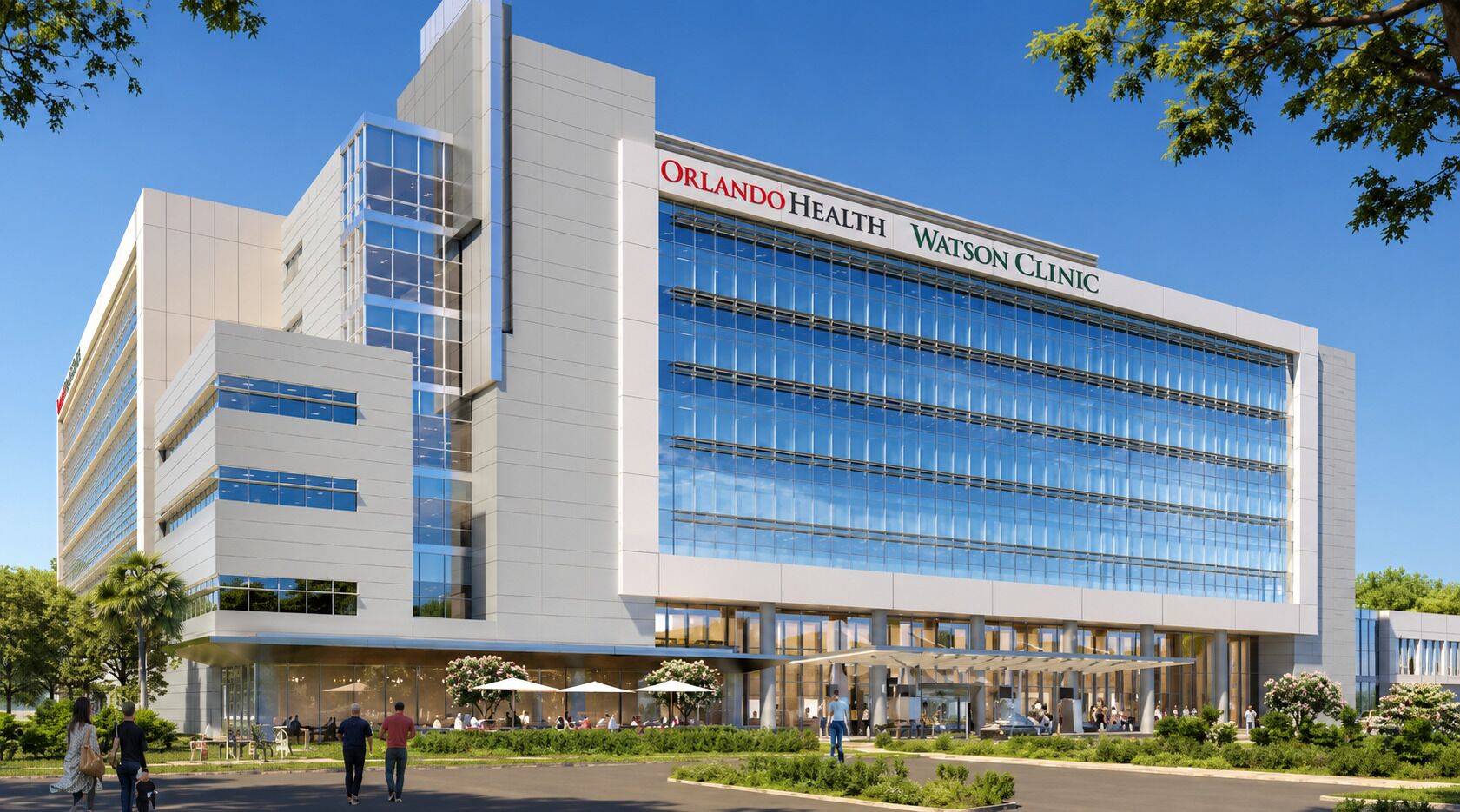 Un bâtiment moderne sur lequel on peut lire l’inscription « Orlando Health Watson Clinic ».
