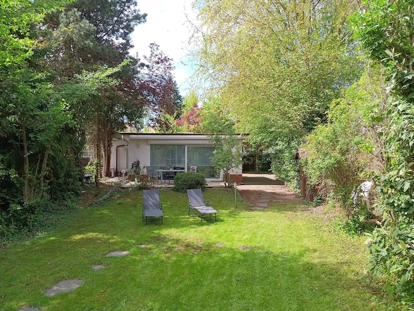 A house with a patio, two lounge chairs, and a garden with various plants.