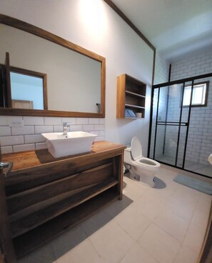 Shower, towels, soap, toilet paper