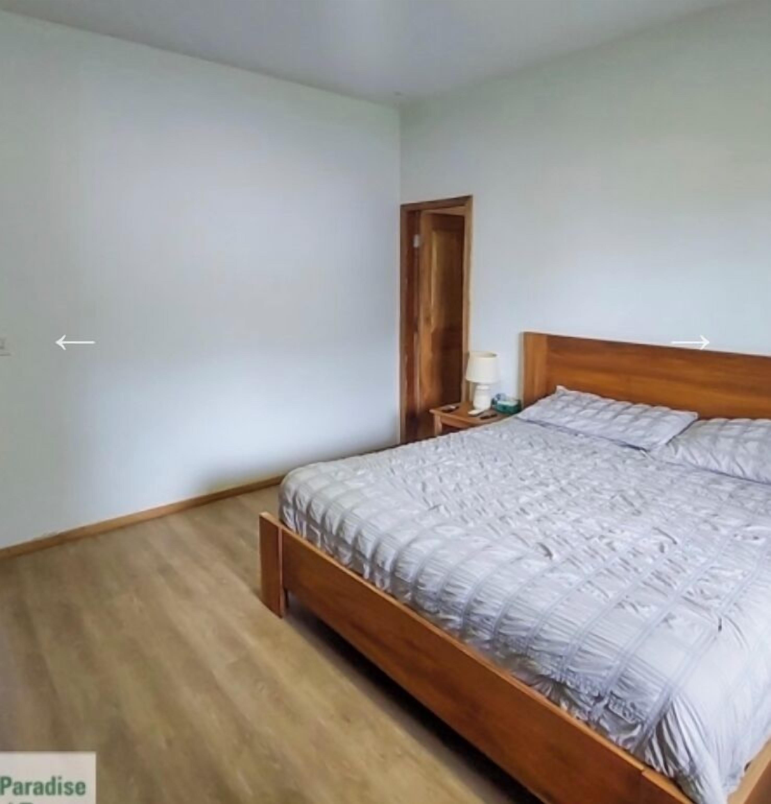 A bedroom with a wooden bed, a nightstand, and a door.