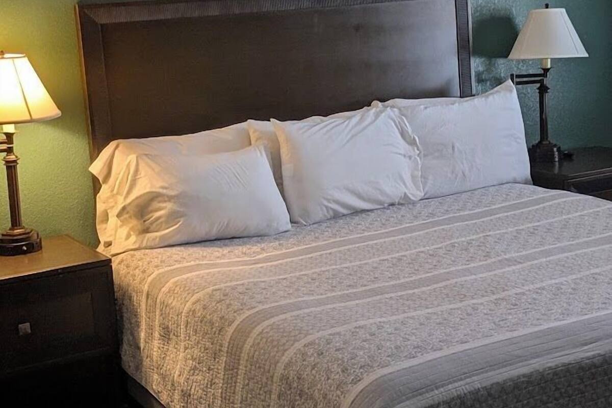 Un letto rifatto con cura, con una testiera scura, due lampade ai comodini e una parete verde.