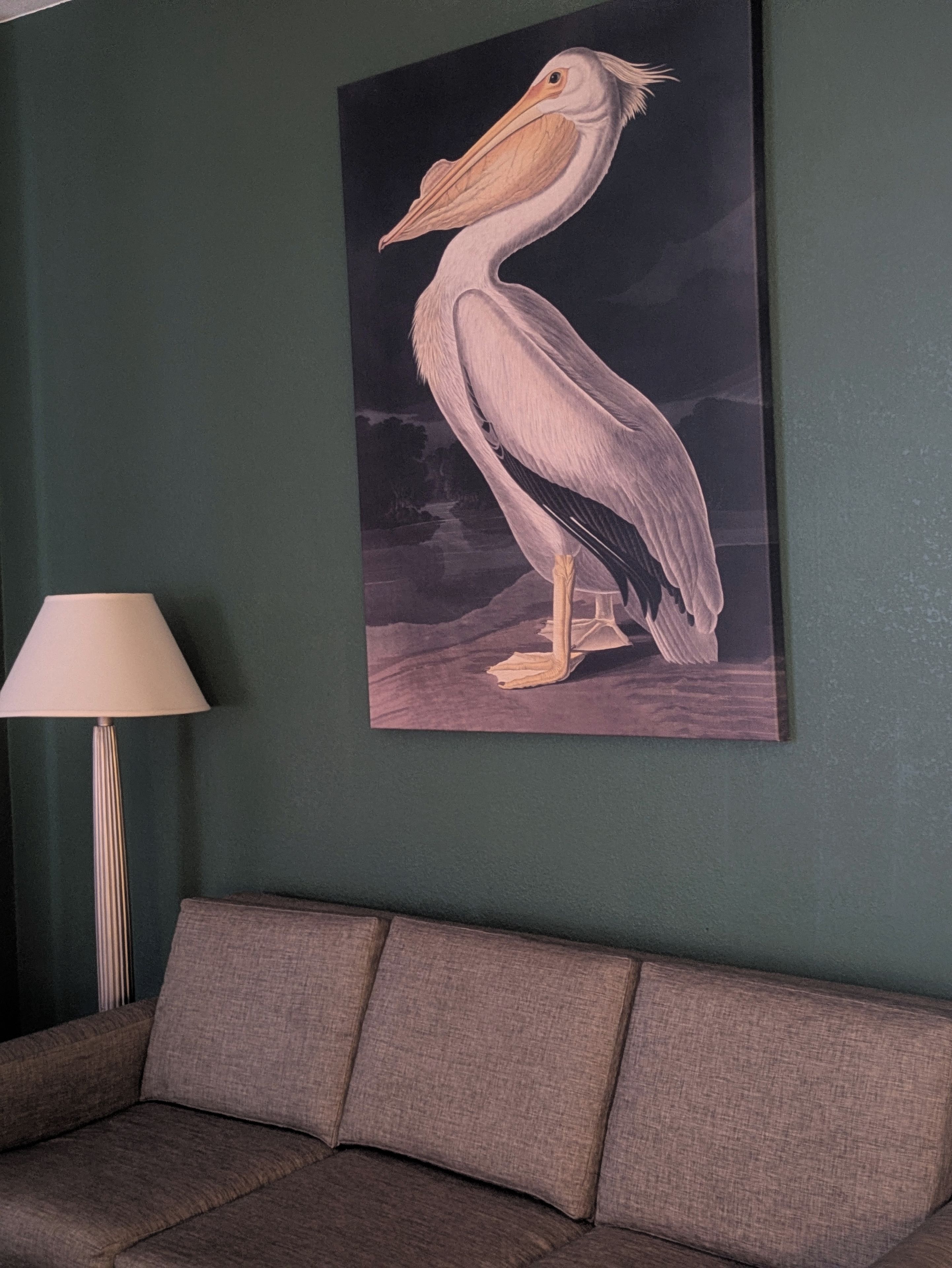 A room with a large painting of a pelican on the wall, a grey sofa, and a floor lamp.