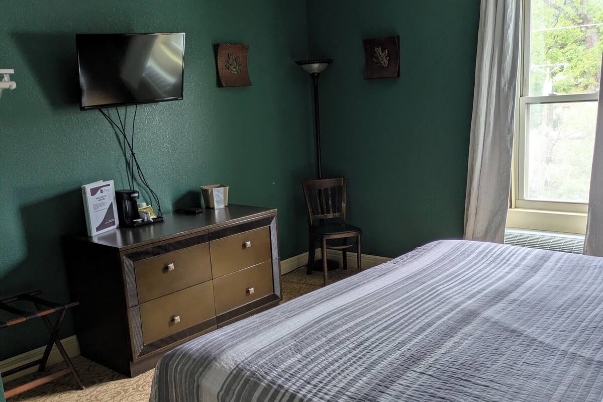 Una camera da letto con un letto, una cassettiera, televisore e una finestra con tende.