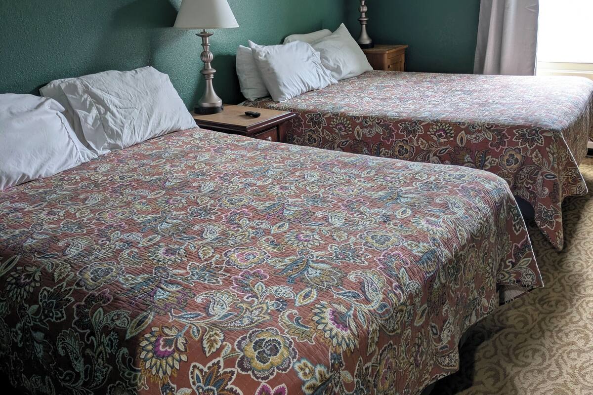 Una camera d'albergo con due letti, un comodino, una lampada e tre quadri appesi al muro.