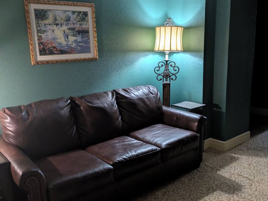 A room with a brown leather sofa, a framed picture on the wall, a floor lamp, and patterned carpet.