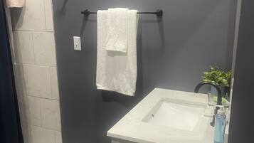 Hair dryer, towels, soap, toilet paper