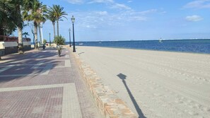 A coastal walkway with palm trees, a paved path, and a view of the sea. - Casa Ellen in Los Alcazares Spanien (Los Alcázares)