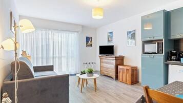 Una televisión, un reproductor de DVD, libros