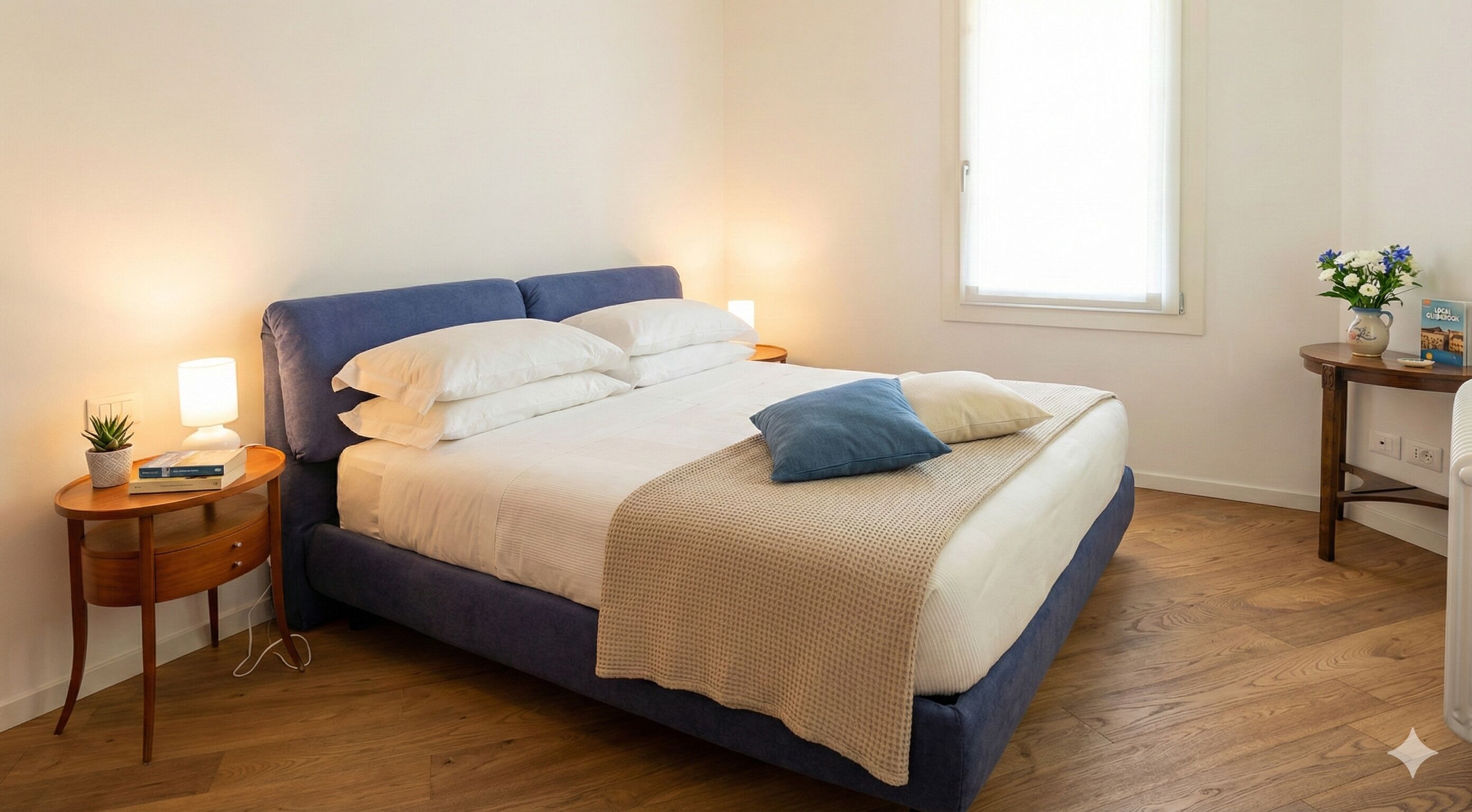 Ein ordentlich bezogenes Bett mit blauem Kopfteil, weißer Bettwäsche und einem blauen Kissen. Ein Nachttisch mit Lampe und kleiner Pflanze ist zu sehen. Im Hintergrund ist ein Fenster mit Jalousien erkennbar.