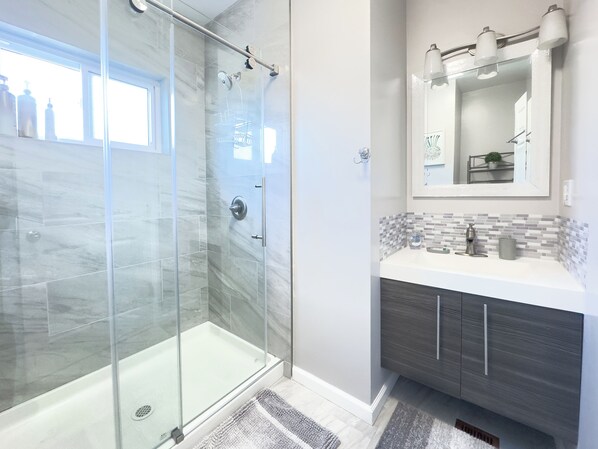 Hair dryer, towels, soap, toilet paper