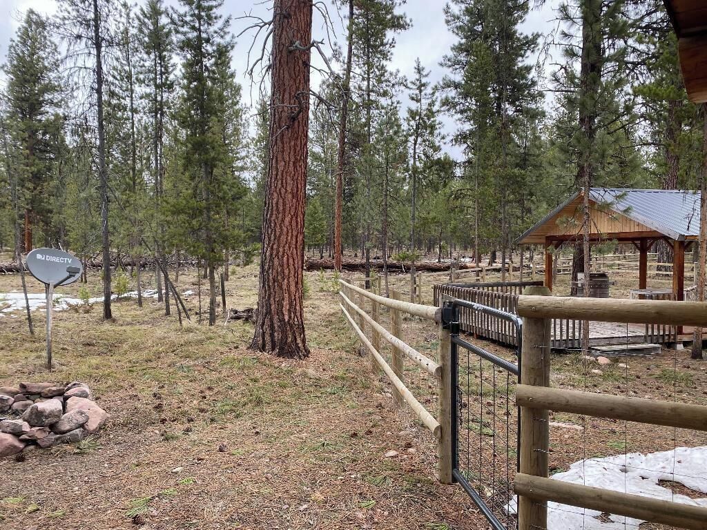 Une cabane rustique, entourée d’une clôture en métal et dotée d’une structure en bois, située dans une zone boisée.