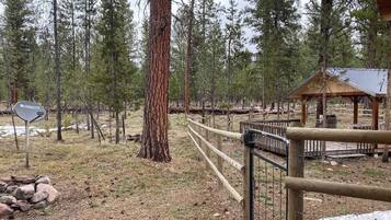Une cabane rustique, entourée d’une clôture en métal et dotée d’une structure en bois, située dans une zone boisée.