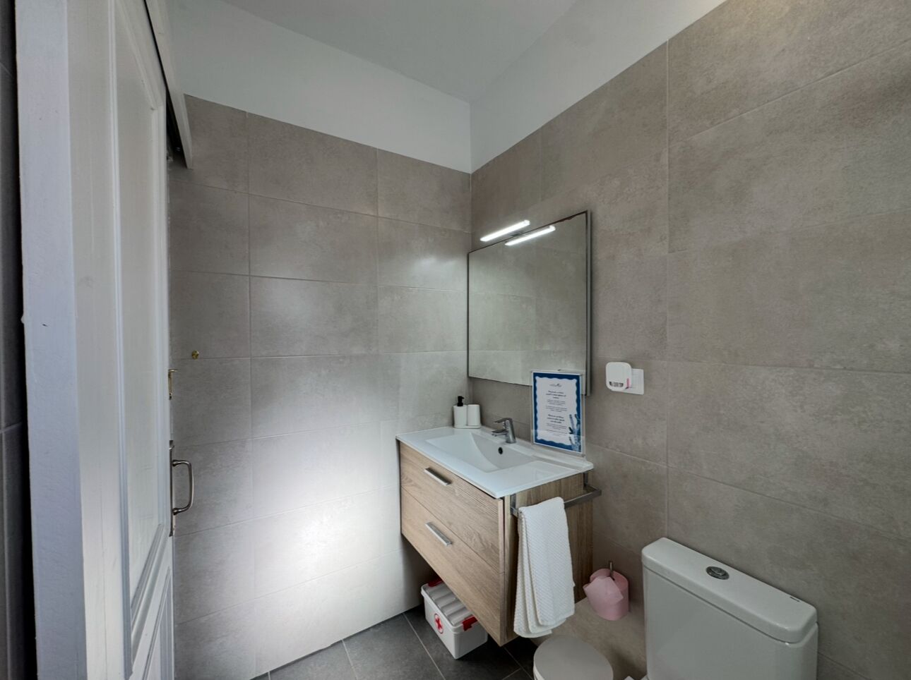 Une salle de bain moderne avec un lavabo blanc, un miroir et des toilettes.