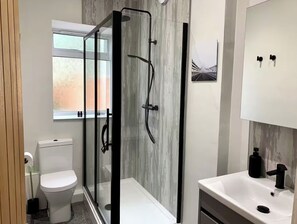 A modern bathroom with a glass-enclosed shower, a toilet, and a sink with a mirror.