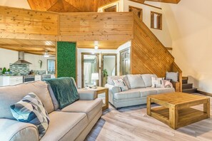 Smart TV, fireplace, foosball, books