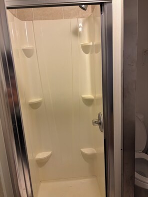 Shower, towels, soap, toilet paper