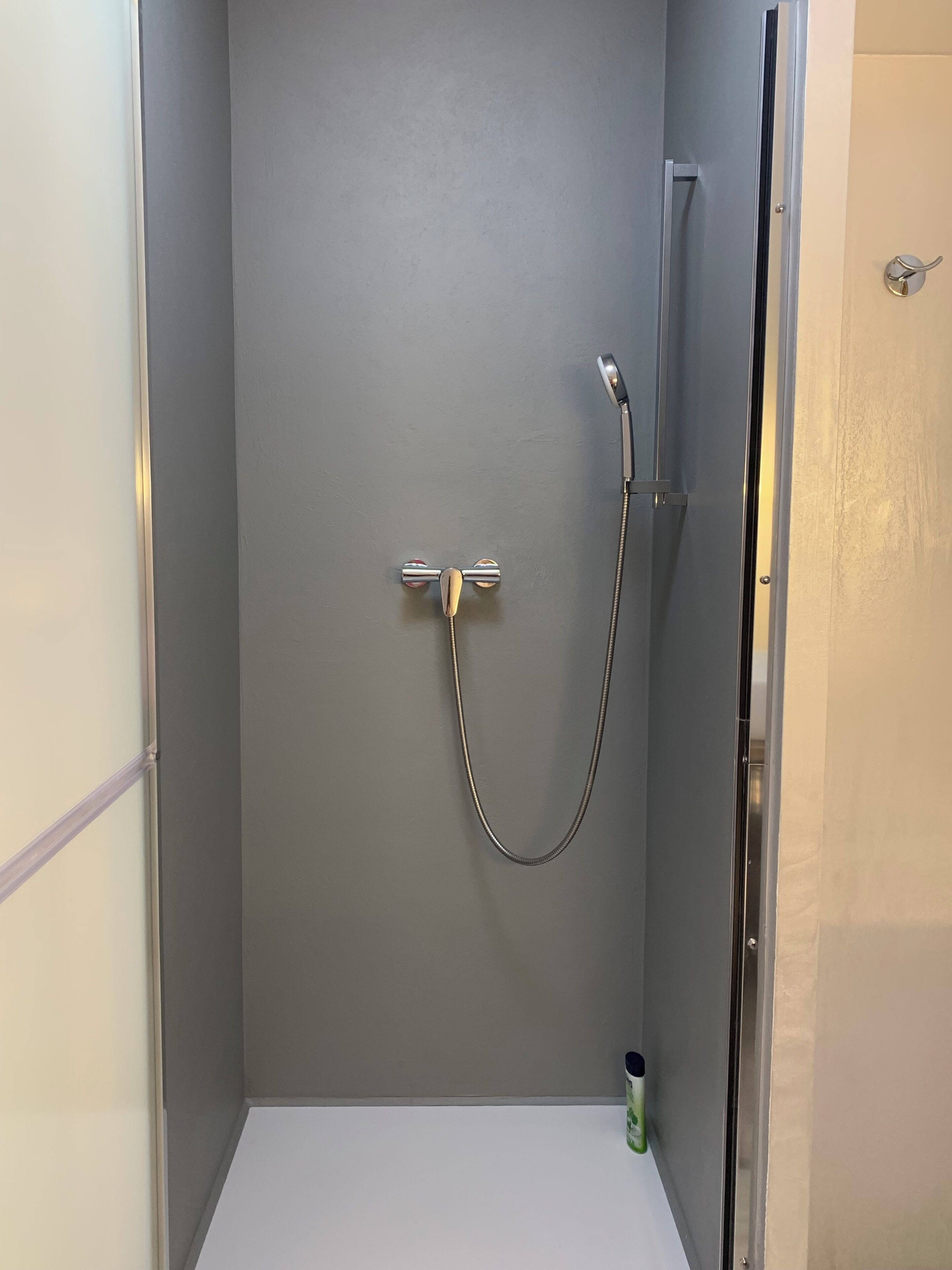 Un petit espace douche fermé, avec un mur gris, une pomme de douche et un pommeau de douche amovible.