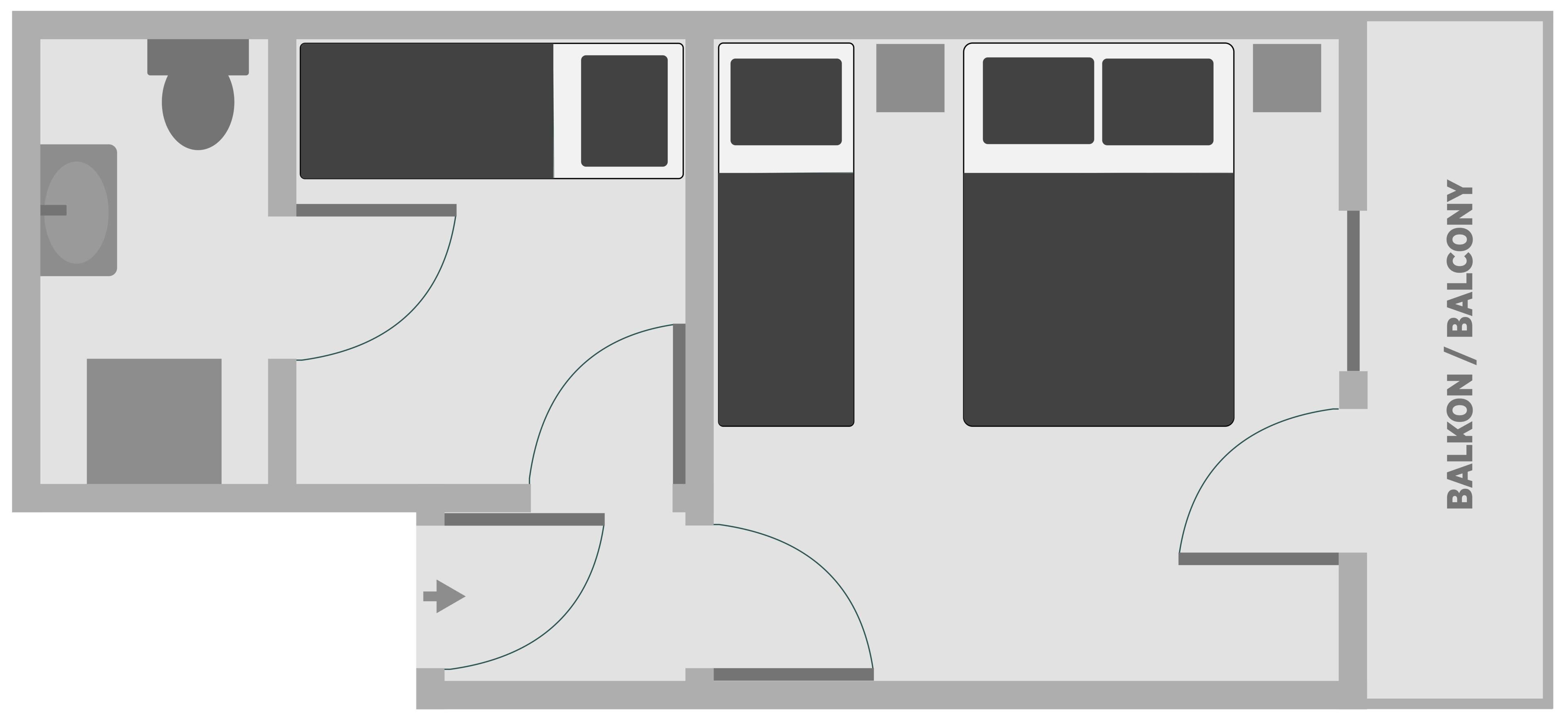 A hotel room layout with a bed, a desk, a chair, a wardrobe, and a bathroom.