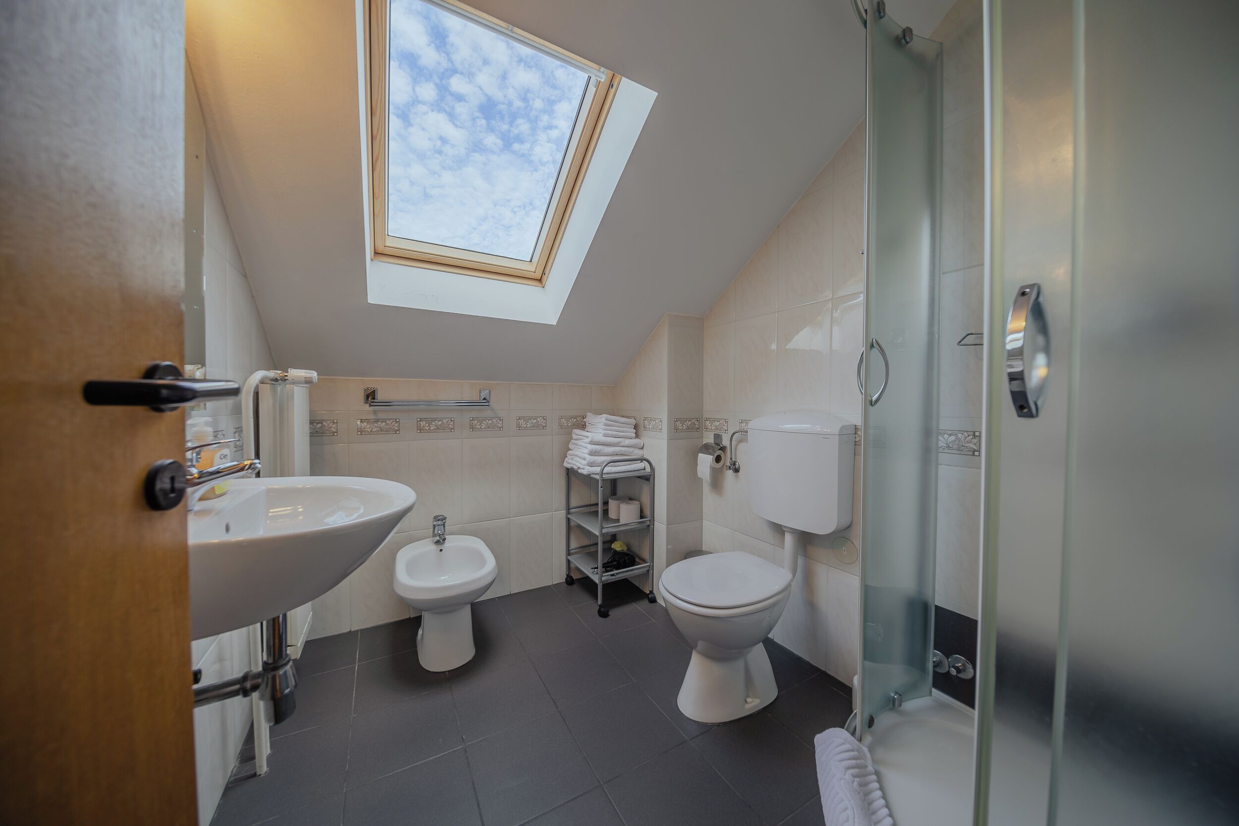 Et moderne badeværelse med ovenlys, en vask, en bidet, et toilet og en brusekabine i glas.