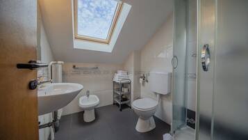 Et moderne badeværelse med ovenlys, en vask, en bidet, et toilet og en brusekabine i glas.