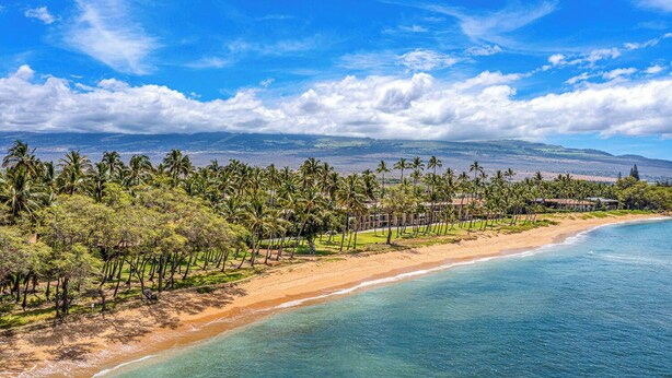 A coastal view with a beach, palm trees, and a distant mountain range. - Kihei Garden Estates Condo | Pool, Hot Tub, Ground Floor, AC, Walk to Beach (Kihei)