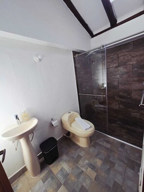 Dusche, Bidet, Handtücher, Toilettenpapier