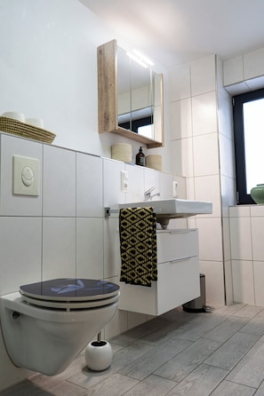 Douche, séchoir à cheveux, serviettes fournies, savon