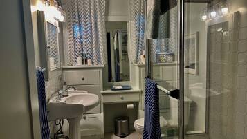 Hair dryer, towels, soap, toilet paper